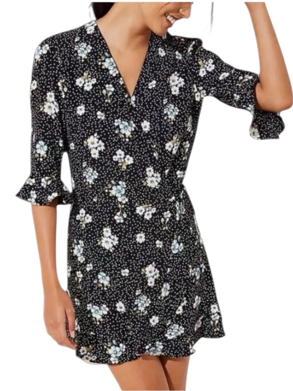 LOFT Black Floral & Polka Dot V-Neck Ruffle Wrap Dress